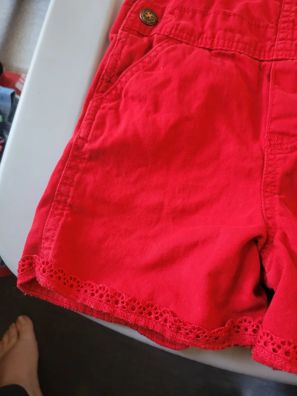 Vintage OshKosh B'Gosh Red Shortalls Girls Size 5T Lace Trim Overalls Romper
